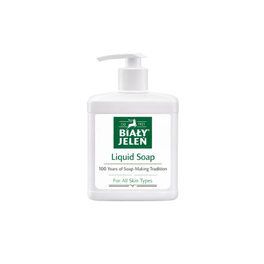 Biały Jelen liquid soap bottle on a white background