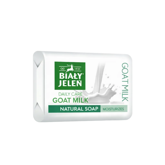 Bar of Bialy Jelen goat milk soap on a light gray background