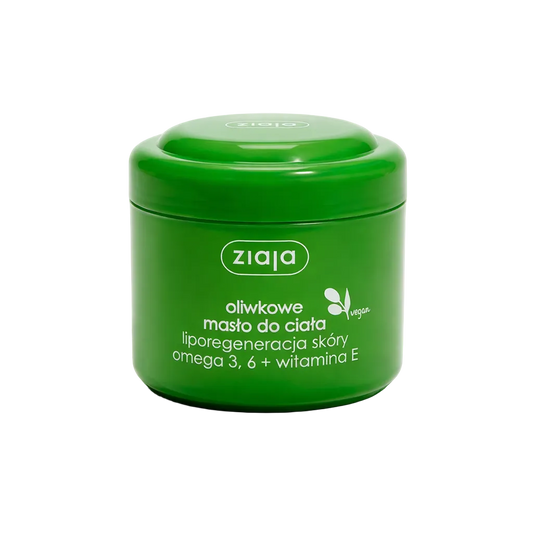 Green jar of Ziaja olive body cream on a white background