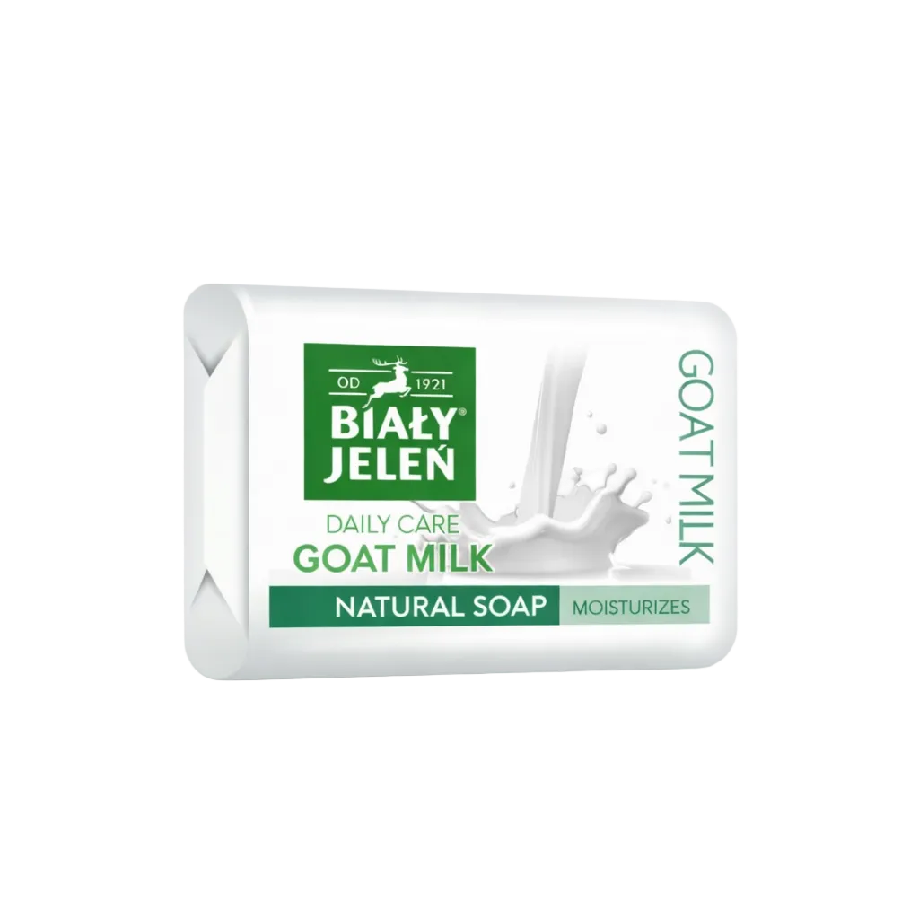 Bar of Bialy Jelen goat milk soap on a light gray background