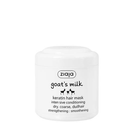 Ziaja goat's milk keratin hair mask jar on a white background