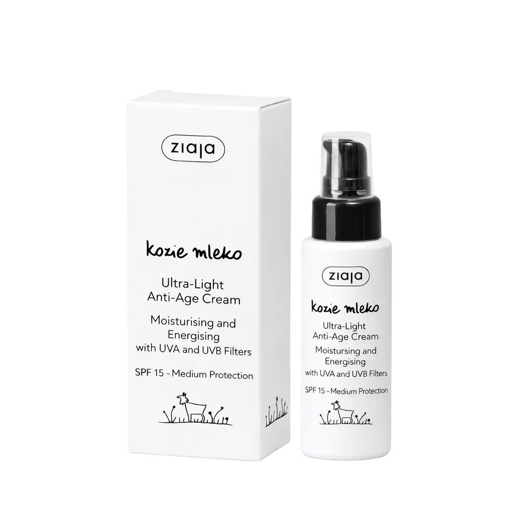 Ziaja kozie mleko Ultra-Light Anti-Age Cream packaging and bottle on a white background
