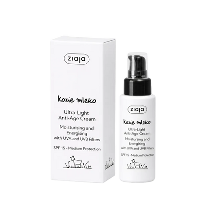 Ziaja kozie mleko Ultra-Light Anti-Age Cream packaging and bottle on a white background