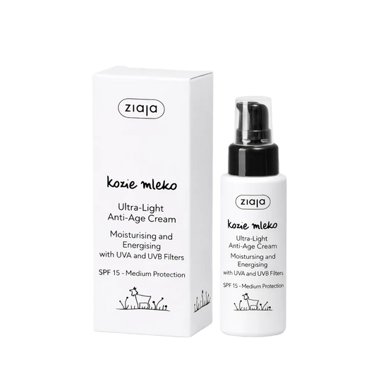 Ziaja kozie mleko Ultra-Light Anti-Age Cream packaging and bottle on a white background