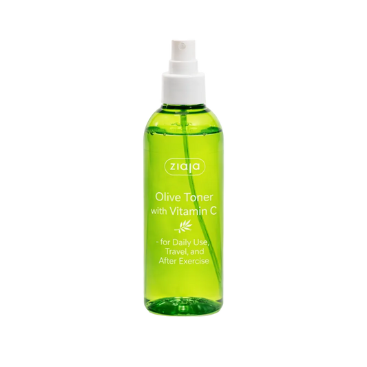 Green bottle of olive toner with vitamin C by Ziaja on a white background
