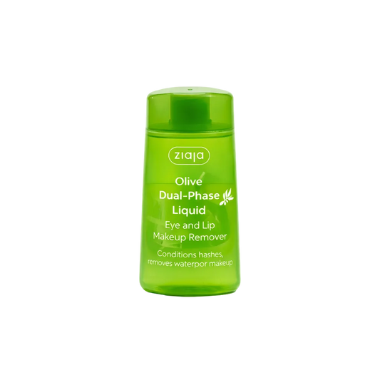 Green bottle of olive dual-phase liquid makeup remover on a white background