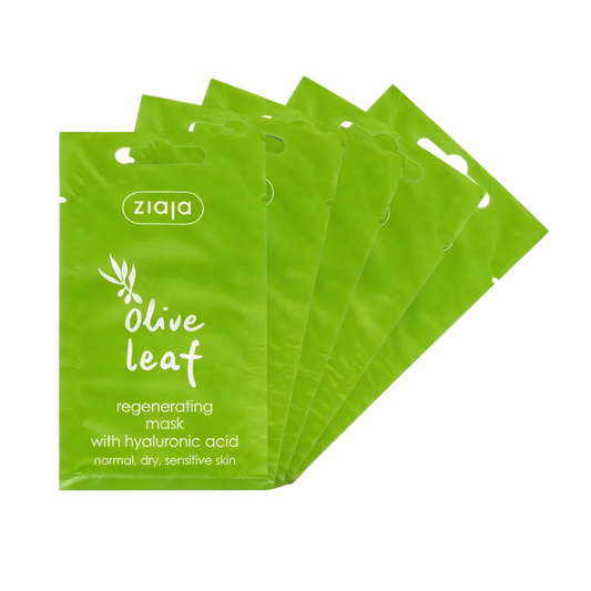Five green packages of Ziaja Olive Leaf regenerating mask on a white background