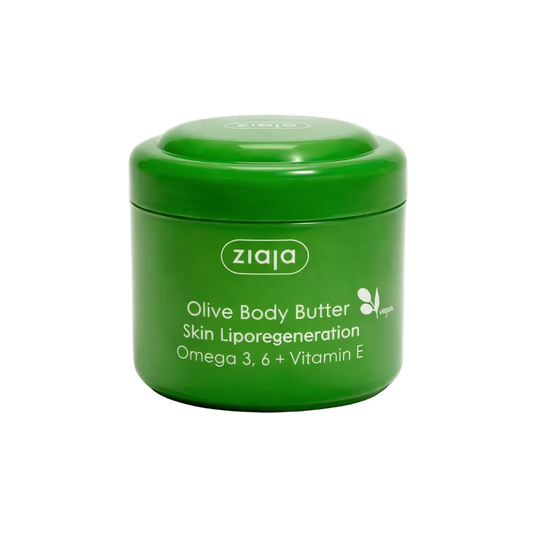 Green jar of Ziaja Olive Body Butter on a white background